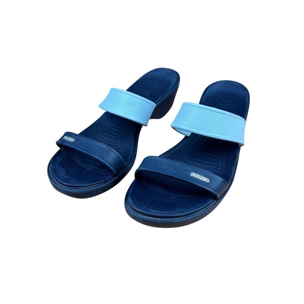 EUC CROCS Women’s Maderia Navy and Light Blue Two-Tone Wedge Sandals Sz 11